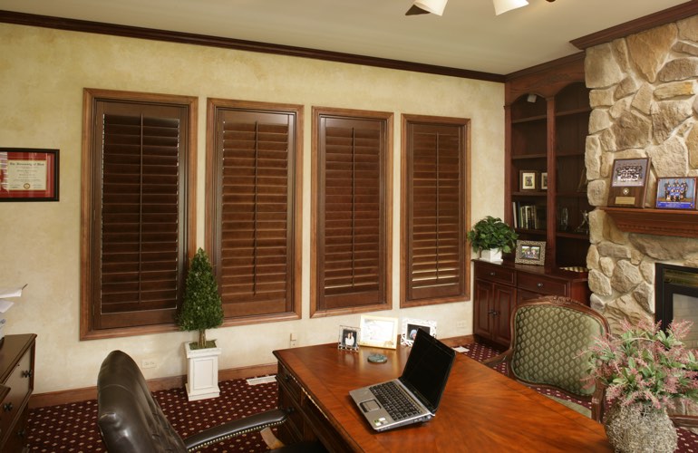 Hardwood plantation shutters in a Phoenix home office